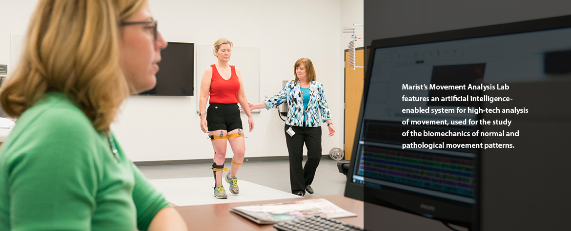 An image of Marist’s Movement Analysis Lab features an artificial intelligence-enabled system for high-tech analysis of movement, used for the study of the biomechanics of normal and pathological movement patterns. 