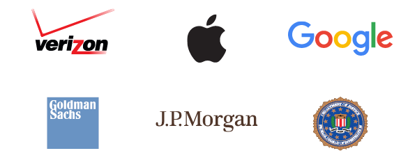 Logos of Cybersecurity internship locations: Verizon, Apple, Google, Goldman Sachs, J.P. Morgan, and the FBI