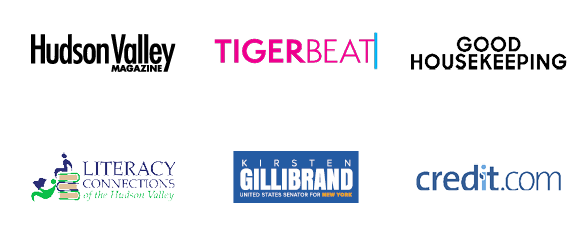 Logos of English internship locations: Hudson Valley Magazine, Tiger Beat, Good Housekeeping, Literacy Connections, Senator Kirsten Gillibrand’s Office, and Credit.com