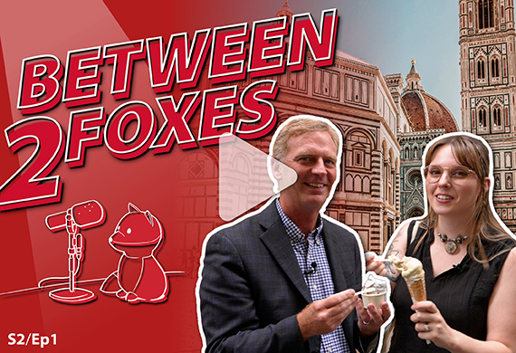 Image of Between 2 Foxes logo with President Weinman and Autumn Wood.