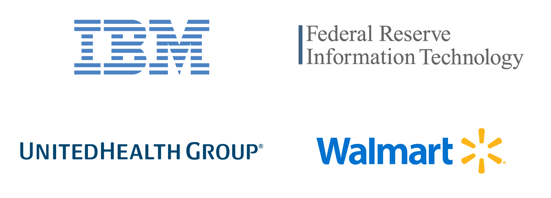 Logos of Information Systems career destinations: IBM, Federal Reserve Information Technology, United Health Group, and Walmart