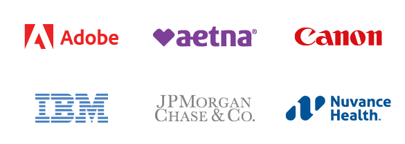 Logos of MBA employers: Adobe Systems Inc., Aetna, Canon USA, IBM, JP Morgan Chase, Nuvance Health