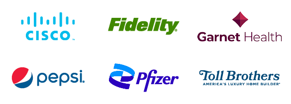Logos of MBA employers:  Cisco Systems Inc., and Company, Fidelity Investments, Garnet Health, PepsiCo, Inc., Pfizer, Toll Brothers Builders