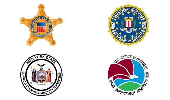 Logos of Criminal Justice Careers: United States Secret Service, FBI, NYS Corrections, US Drug Enforcement Administration 