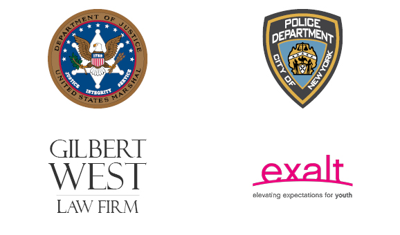 Logos of Criminal Justice Careers: US Marshals, NYDP, Gilbert West Law Firm, Exalt Youth