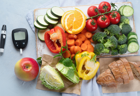 Image of food and diabetic equipment. 