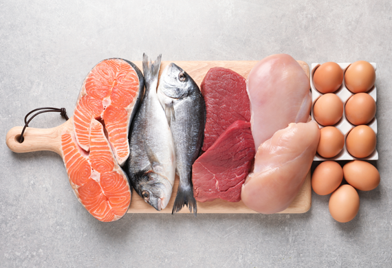 Marist University's Adobe Stock image of different types of protein (fish, meat, chicken, eggs).