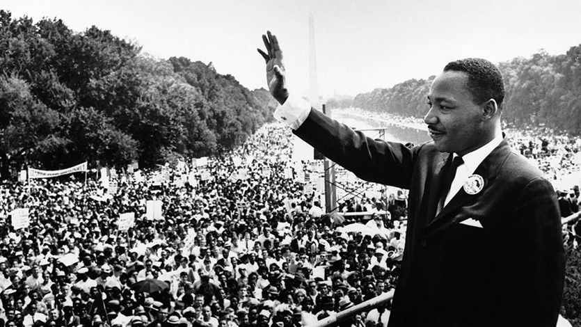 Martin Luther King, Jr. addresses crowd from the steps of the Lincoln Memorial where he delivered his famous, “I Have a Dream,” speech during the 1963 March on Washington, D.C.
