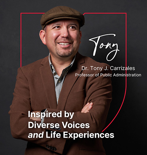 Image of Tony Carrizales with text reading "Inspired by Diverse Voices and Life Experiences."