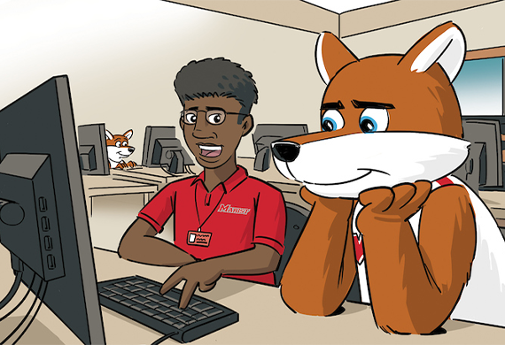 Cartoon Image of Frankie the fox at a computer