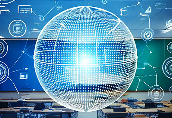 Graphic image of classroom with technological imagery overlaid.