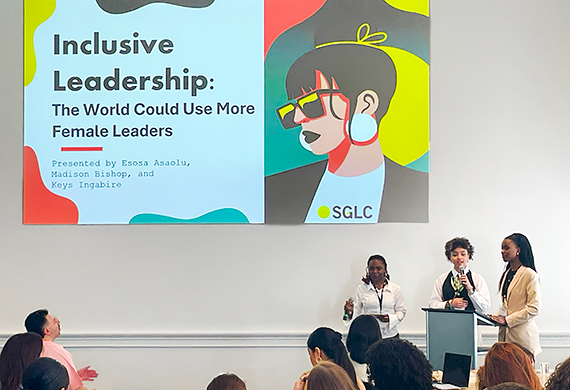 Image of Esosa Asaolu, Mae Bishop and Keys Ingabire presenting at SGLC.