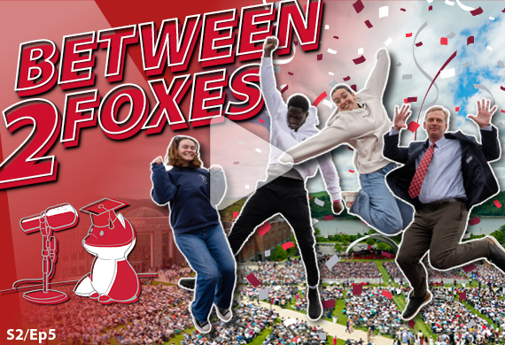 Image of President Weinman with Marist seniors with the Between 2 Foxes logo and 