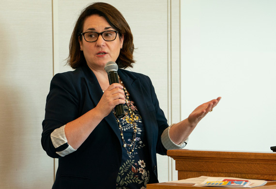 Image of Doctor Melissa Gaeke speaking during an on-campus event.