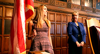 An image of a student presenting.