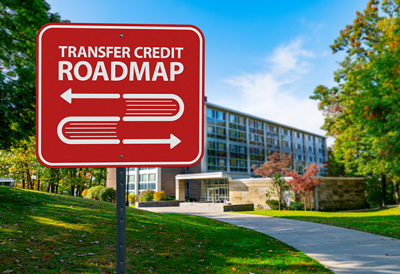An image of Marist campus with transfer credit roadmap sign.