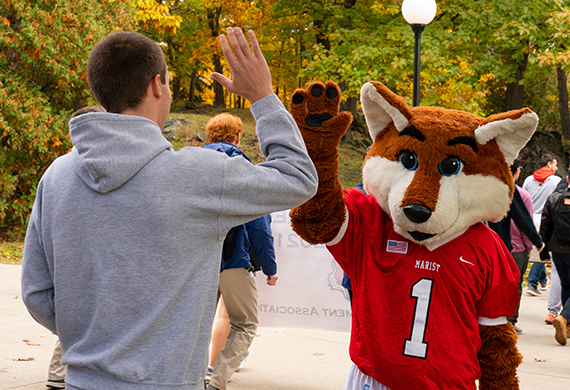 An image of a Marist student hi fiving Frankie the Fox.