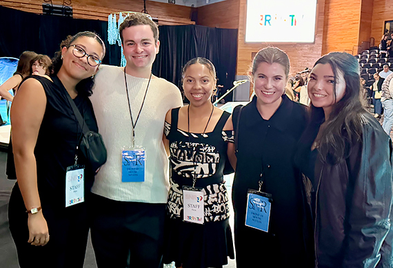 Image of  Valincia Hill ’26, Gavin Gilooly ’26, Cassie Williams ’27, Lauren Lagasse ’25, and Cira Shaw ’26 working at SNR39.
