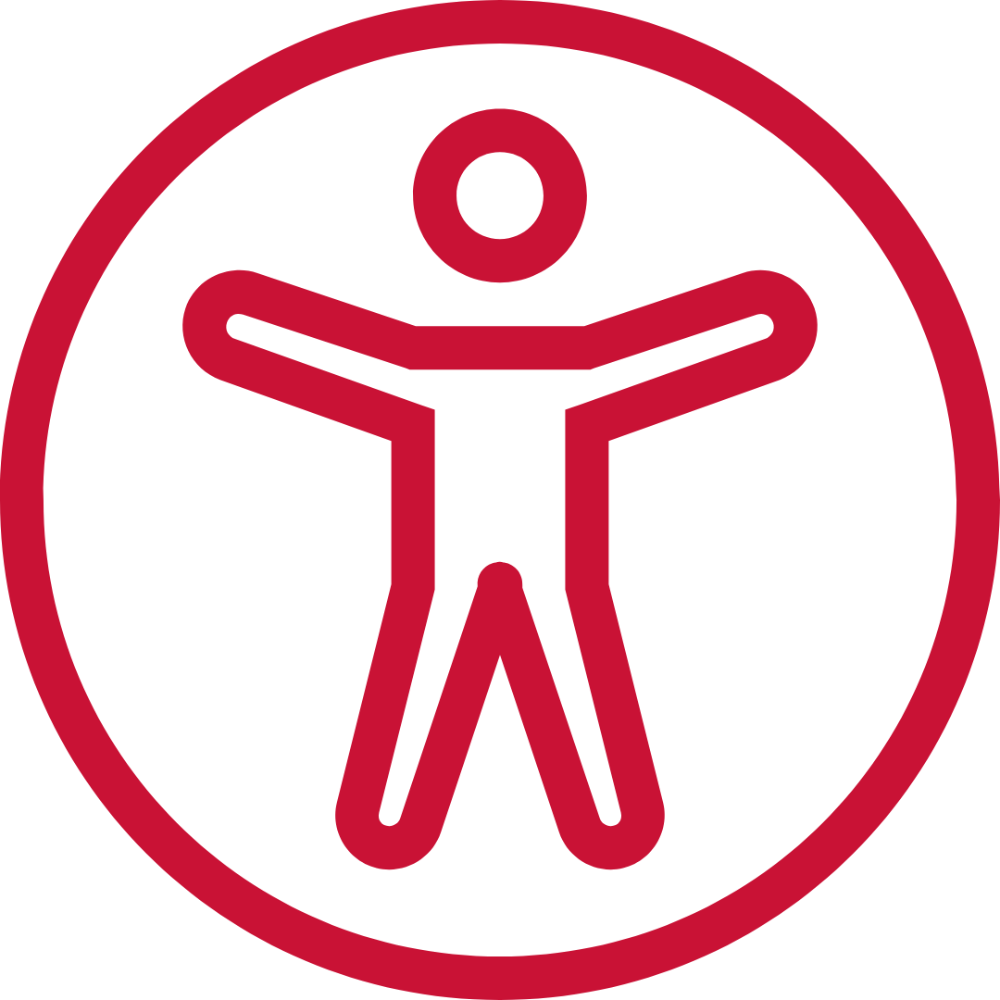 An outlined icon of a standing person with open arms in Marist Red.