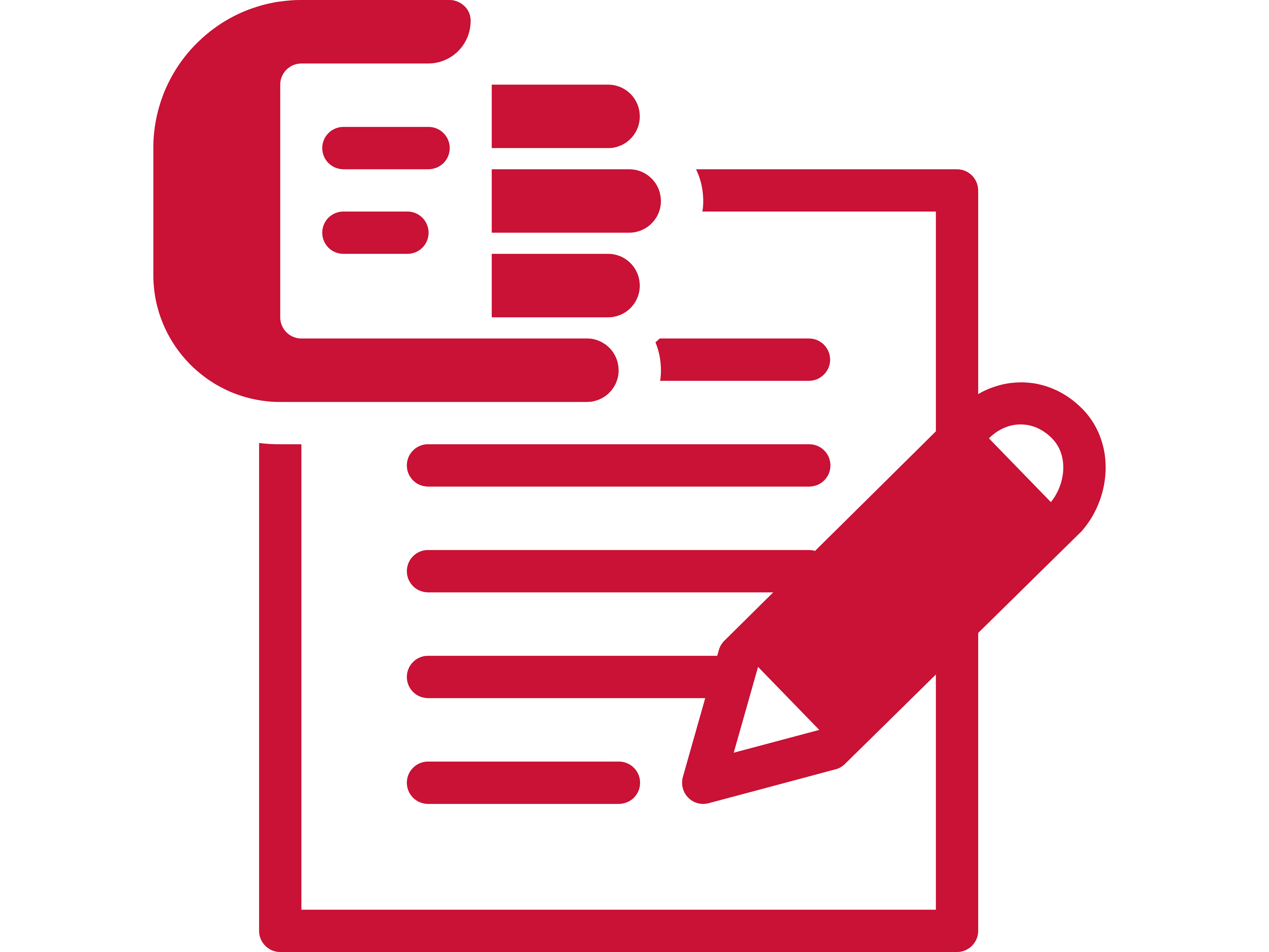An outlined icon of a pen down on a document and a hand with slip in Marist Red.