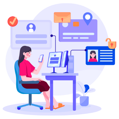 Illustration of a woman using her phone at a desk, with digital icons representing personal data, identity verification, and online security.