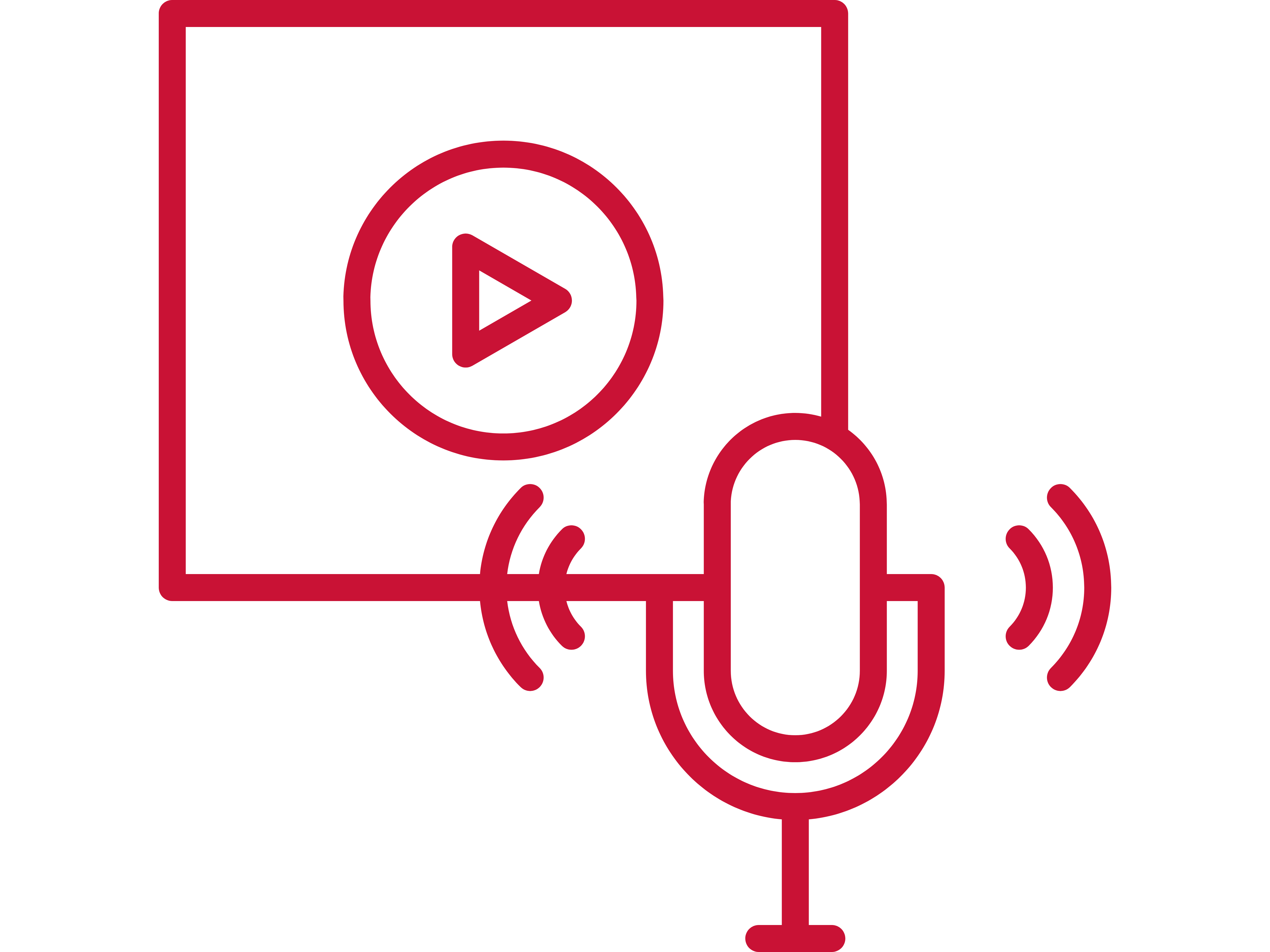 An outlined image of a play button and a mic icon in Marist Red