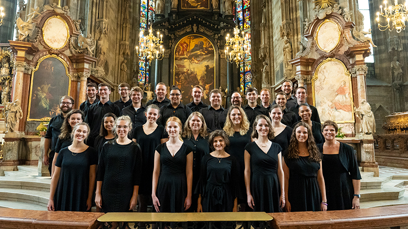 Vienna, Austria - O’Brien (top row, second from left) and the Marist Singers pose in front of the High Altar in St. Stephen's Cathedral after their performance in 2018.