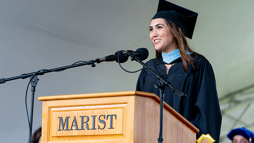 image of Julianna Loussedes delivering the Award for Excellence in Graduate Studies Address
