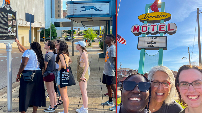 Left: Students at the Greyhound Station in Jackson, MS. Right: Students with Dr. Robyn Rosen (center) in front of the Lorraine Motel in Memphis, TN. Photos courtesy of Dr. Robyn Rosen.