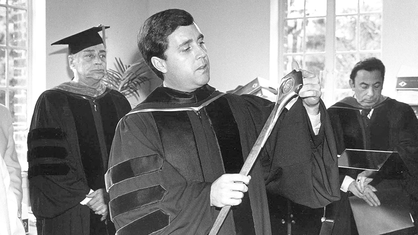 image of: Dr. Dennis J. Murray with the Marist College Mace at the time of his Inauguration in 1980