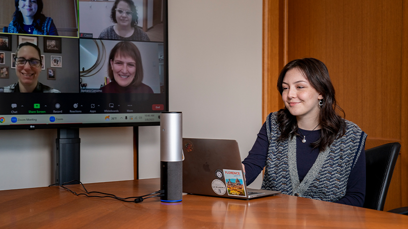 Athen Hollis ‘24 at work at the Marist Institute for Public Opinion, producing an episode of The Poll Hub podcast