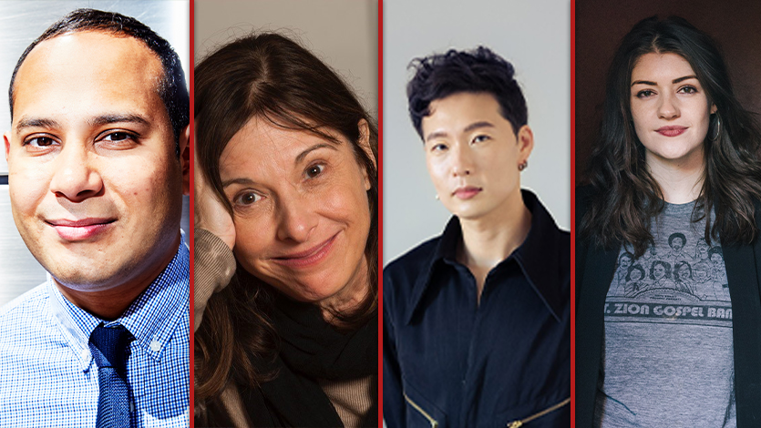 From left to right, playwrights Sopan Deb of “The Good Name,” Beth Henley of “Downstairs Neighbor,” Jason Kim of “This Way to the Fire,” and Emily Kaczmarek of “Soft Target,” all to be performed at Marist College this summer.