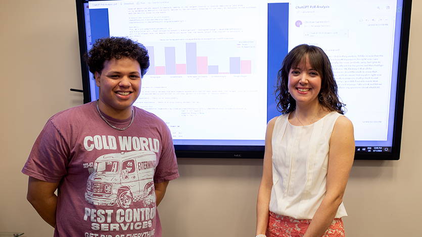 Christian Sarmiento and Dr. Damiano in front of ChatGPT research findings. 