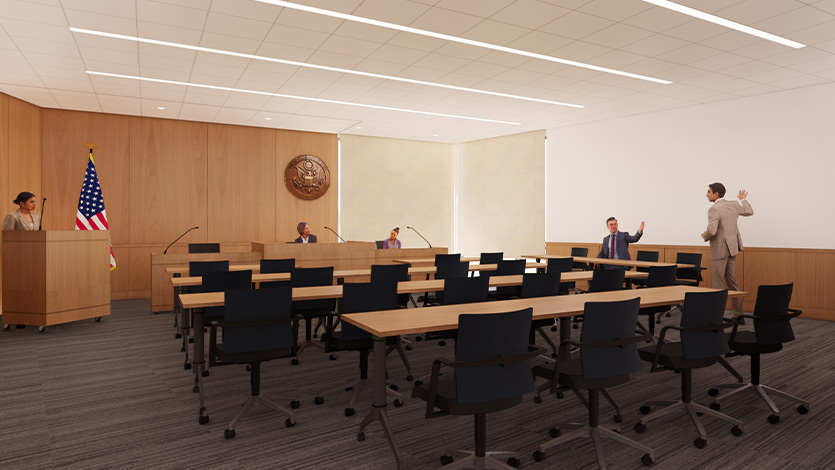 The Mock Courtroom of the School of Social and Behavioral Sciences at the new Dyson Center. Rendering courtesy of Annum.