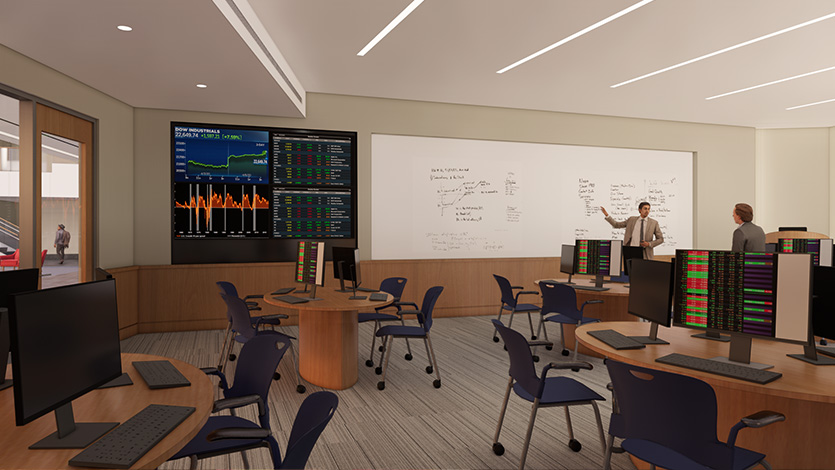 The School of Management’s Investment Center at the new Dyson Center. Rendering courtesy of Annum.