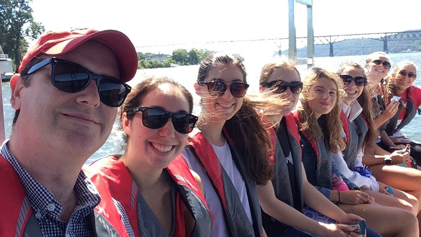 James Snyder (far left) and Jenna Vanadia (right of Snyder) on the Hudson River for an honors program class, “Environmental Explorations of the Hudson.”