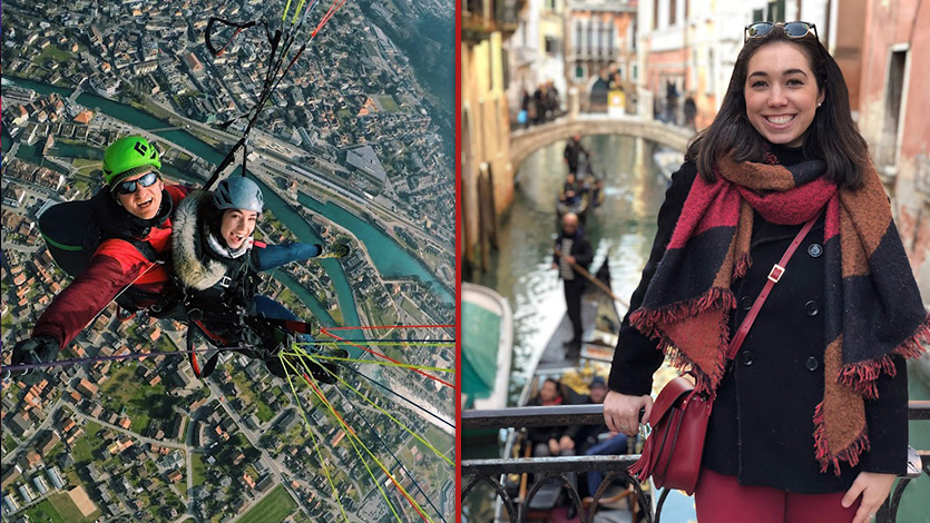 Vanadia paragliding in Interlaken, Switzerland (left) and in Venice, Italy (right) during her semester abroad. 