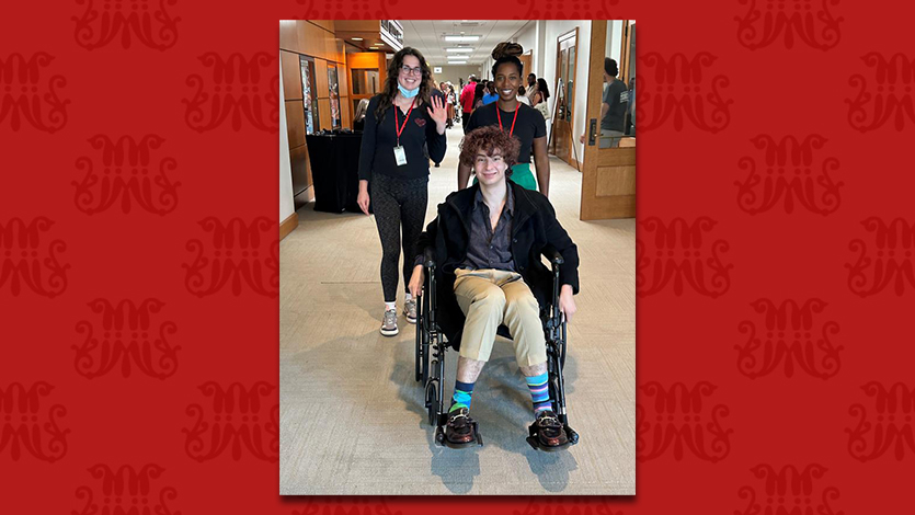 Image of students taking part in wheelchair scavenger hunt.