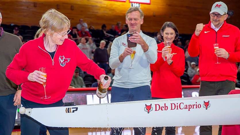 Image of Deb DiCaprio at the unveiling ceremony of the new rowing shell named in her honor at McCann Arena on Dec. 2.