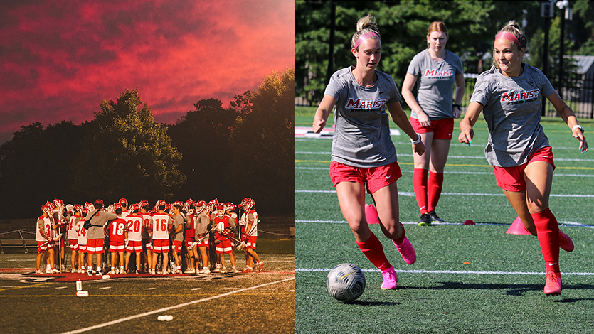 Image of Lacrosse and soccer teams practicing on Tenney Field.