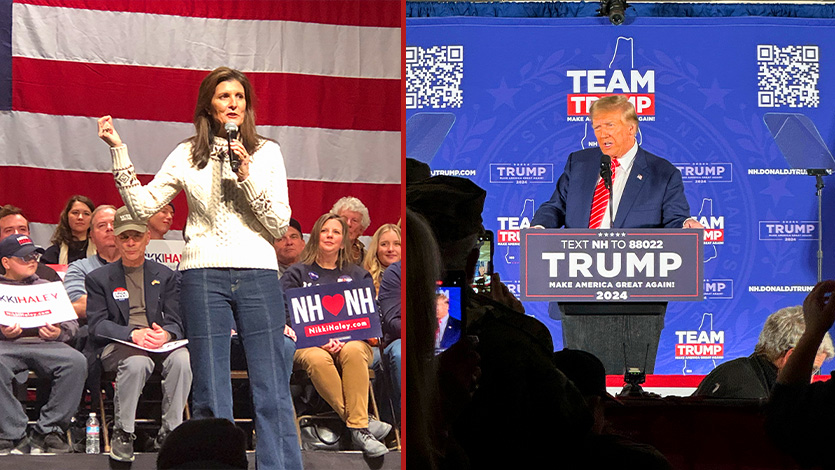 Side-by-side images of Nikki Haley and Donald Trump giving campaign speeches.