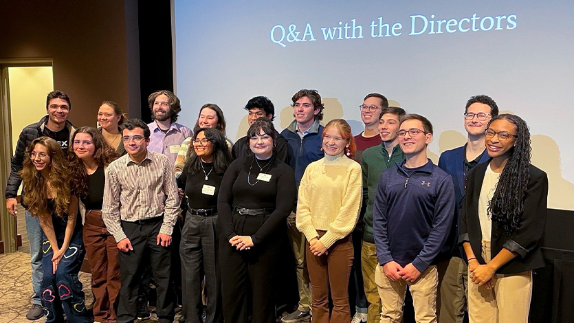 Image of Professor Basinger with Documentary Film Production students at a screening of documentaries in December.