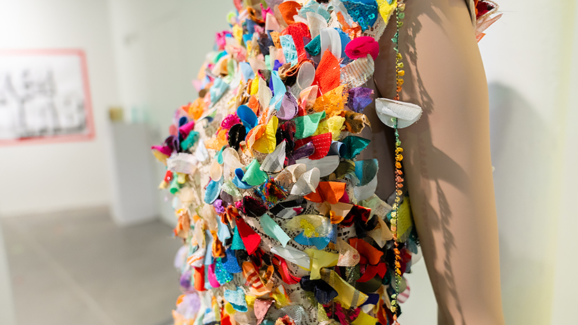 Image of Student piece displayed at Made @ MakerLab Art Exhibit. The dress is by Caitlin Fracasso '24,