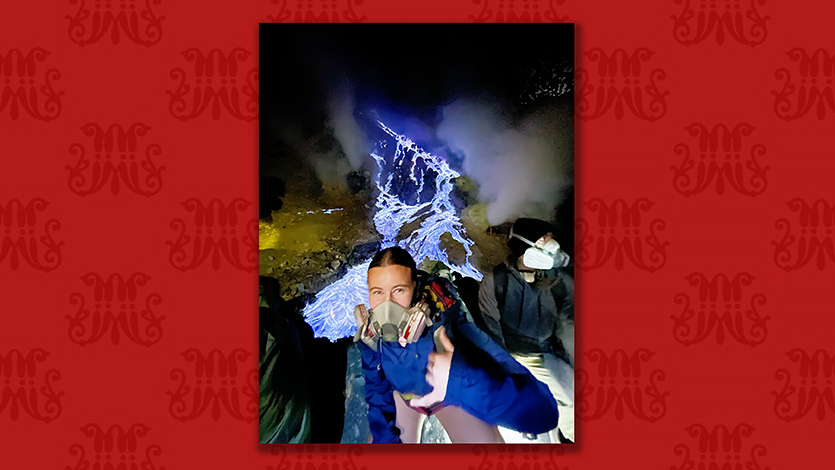 Image of Veronica Vogelman ’26 at the blue lava crater of Ijen volcano in Java, Indonesia.