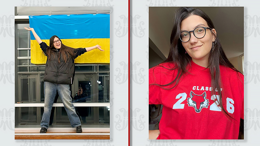 Karina with Ukrainian flag at Marist (left). Karina in Class of 2026 Marist t-shirt (right).