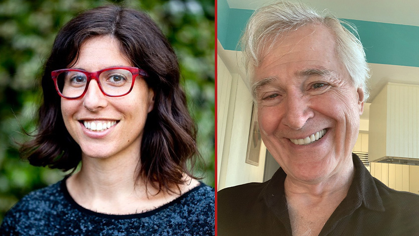 Side-by-side image of Carly Mensch, writer of Gertrude, and John Patrick Shanley, writer and director of The Pushover.