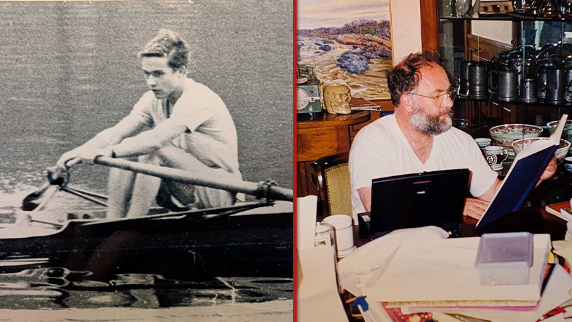 Side-by-side images of a Tom Weil rowing and working with his collection.