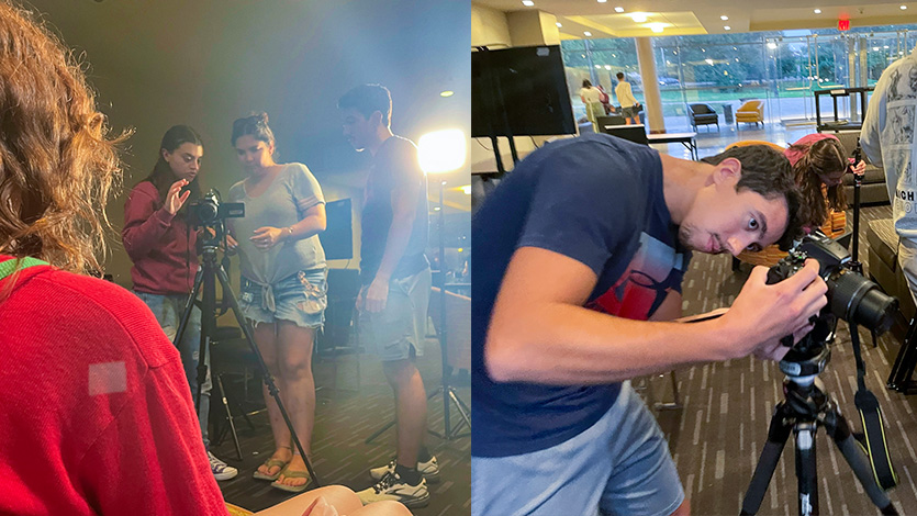 Side-by-side images of students working on the film.