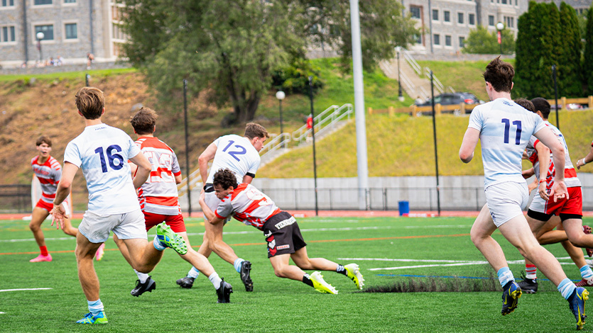 Men’s Club Rugby takes on Columbia on the new turf field at Gartland Commons. Photo by Marist Rec photographer Joe Crane '29.