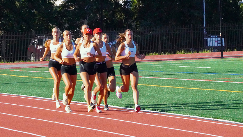 DI Women’s Cross Country team practices on the new track at Gartland Commons. Photo by Caitlin Bombassei ’28.